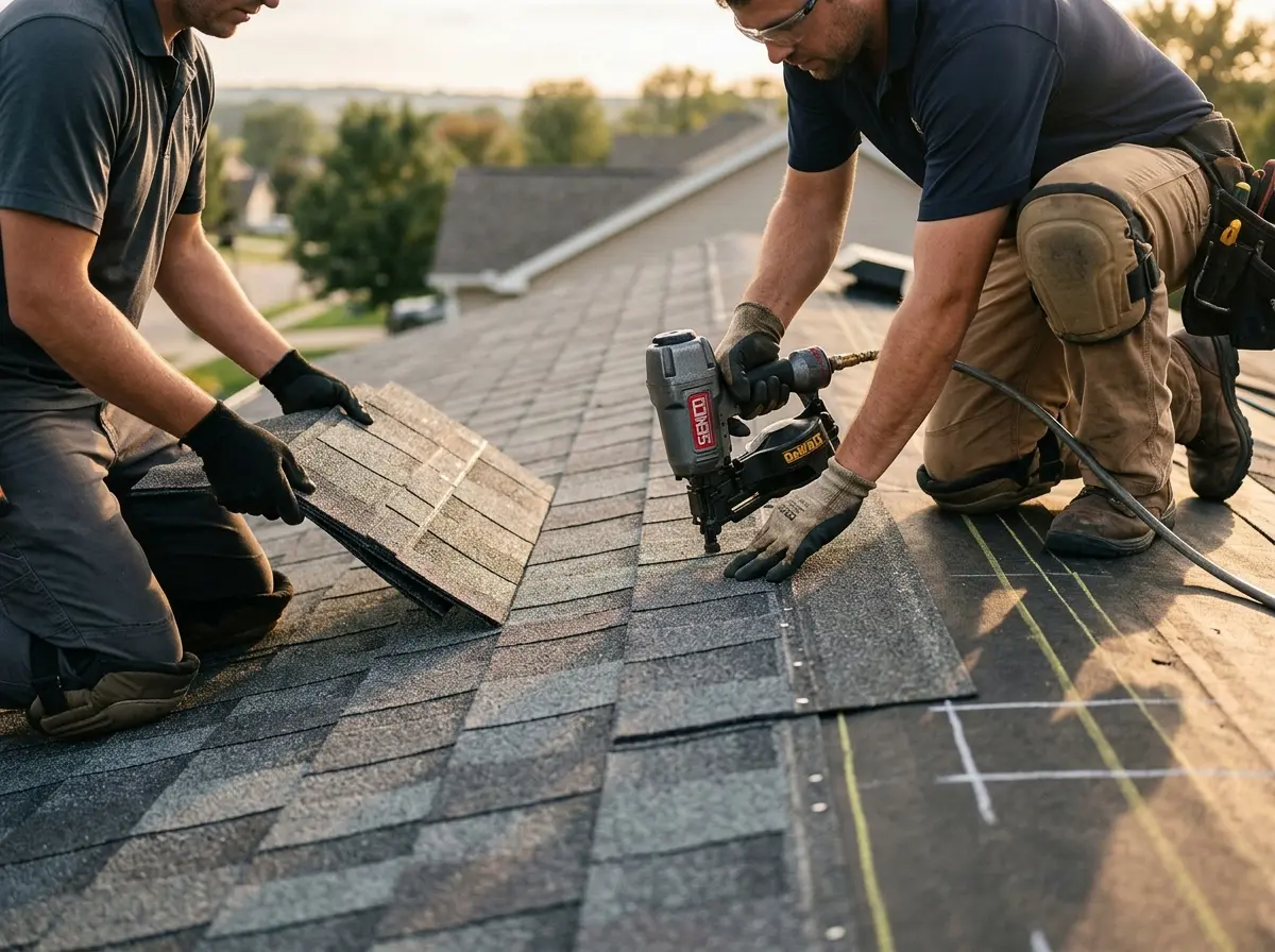 Professional roofer working on a residential roof in Granville
